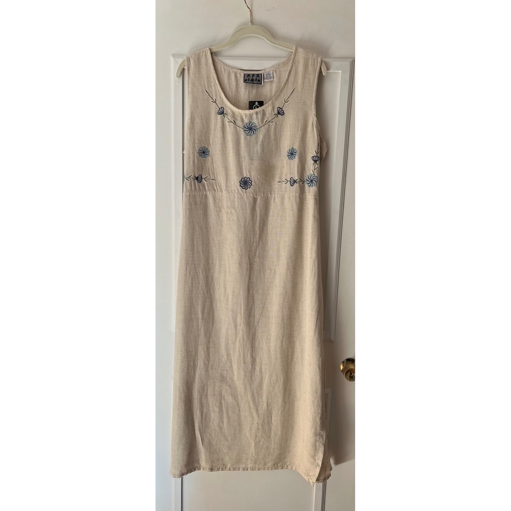 M.P.H. Vintage Linen Blend Embroidered Floral Midi Dress Natural Blue NWT L